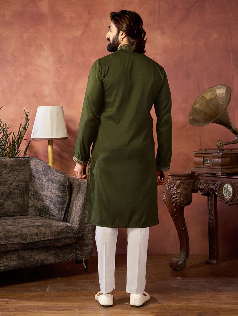 Men Solid With Work Mandarin Neck Kurta Pyjama Set - 22594444 -  Standard Image - 3