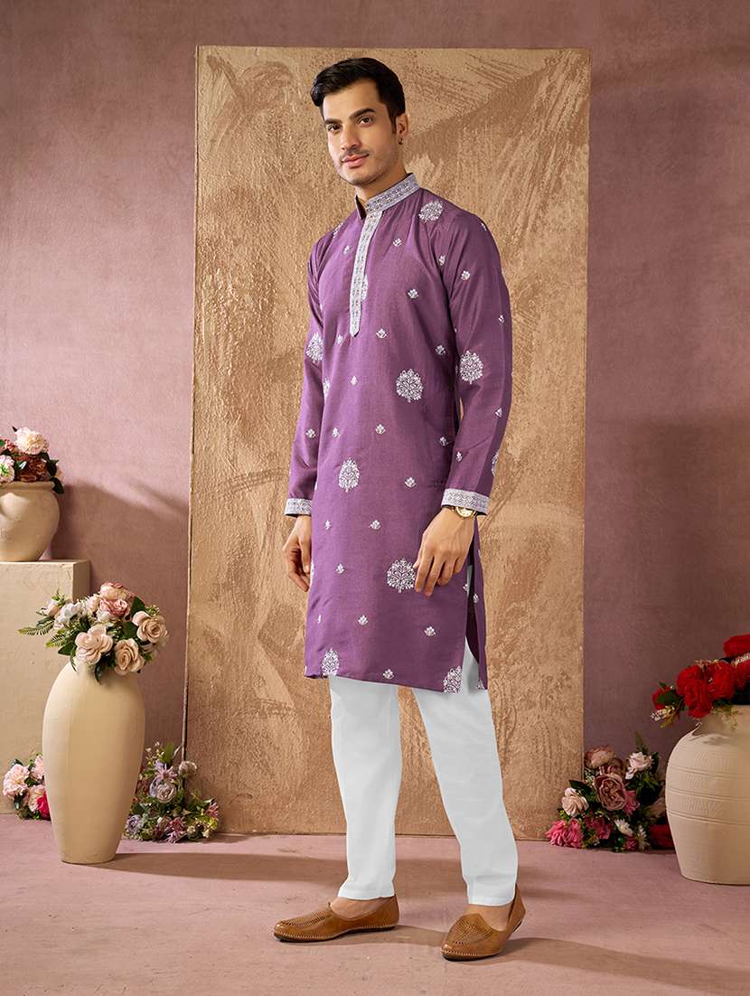 men solid with work mandarin neck kurta pyjama set - 22594448 -  Standard Image - 3