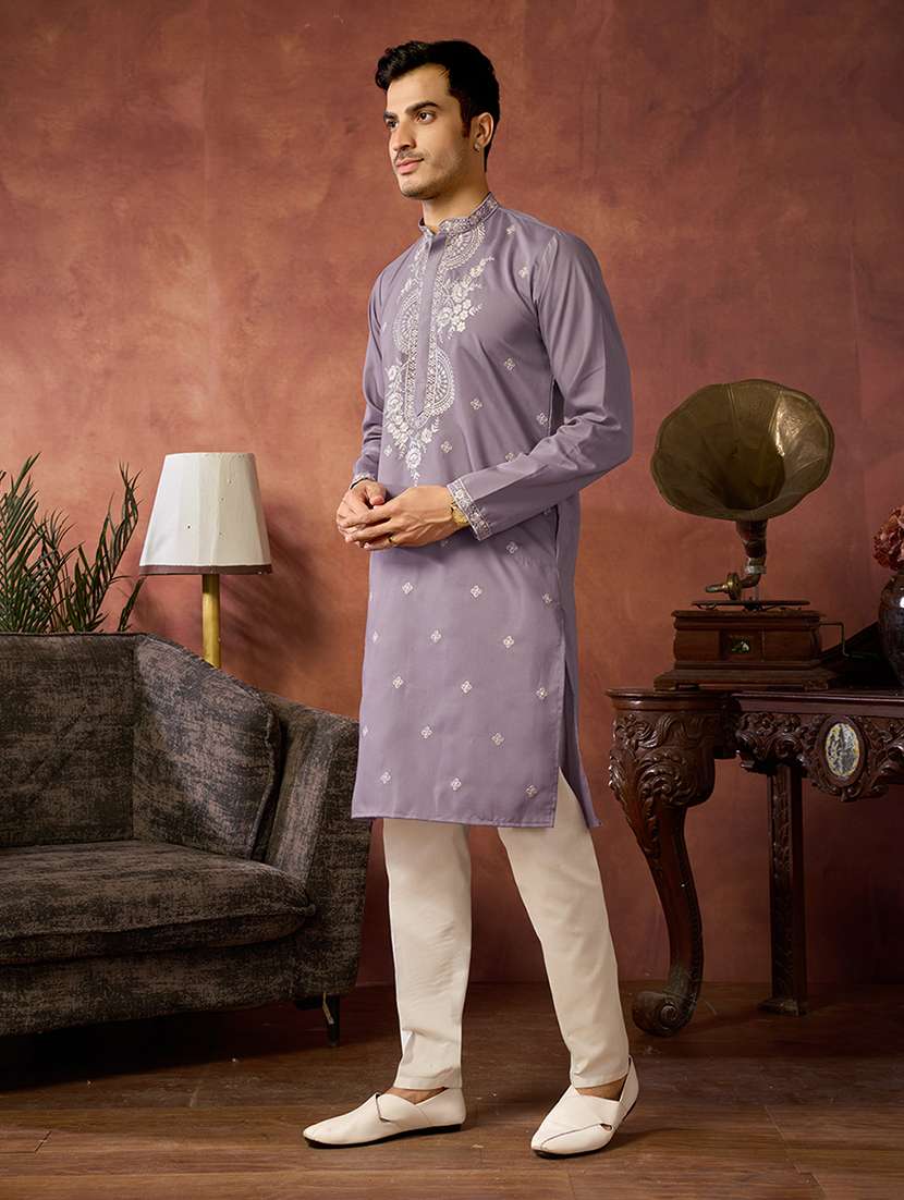 men solid with work mandarin neck kurta pyjama set - 22594457 -  Standard Image - 3