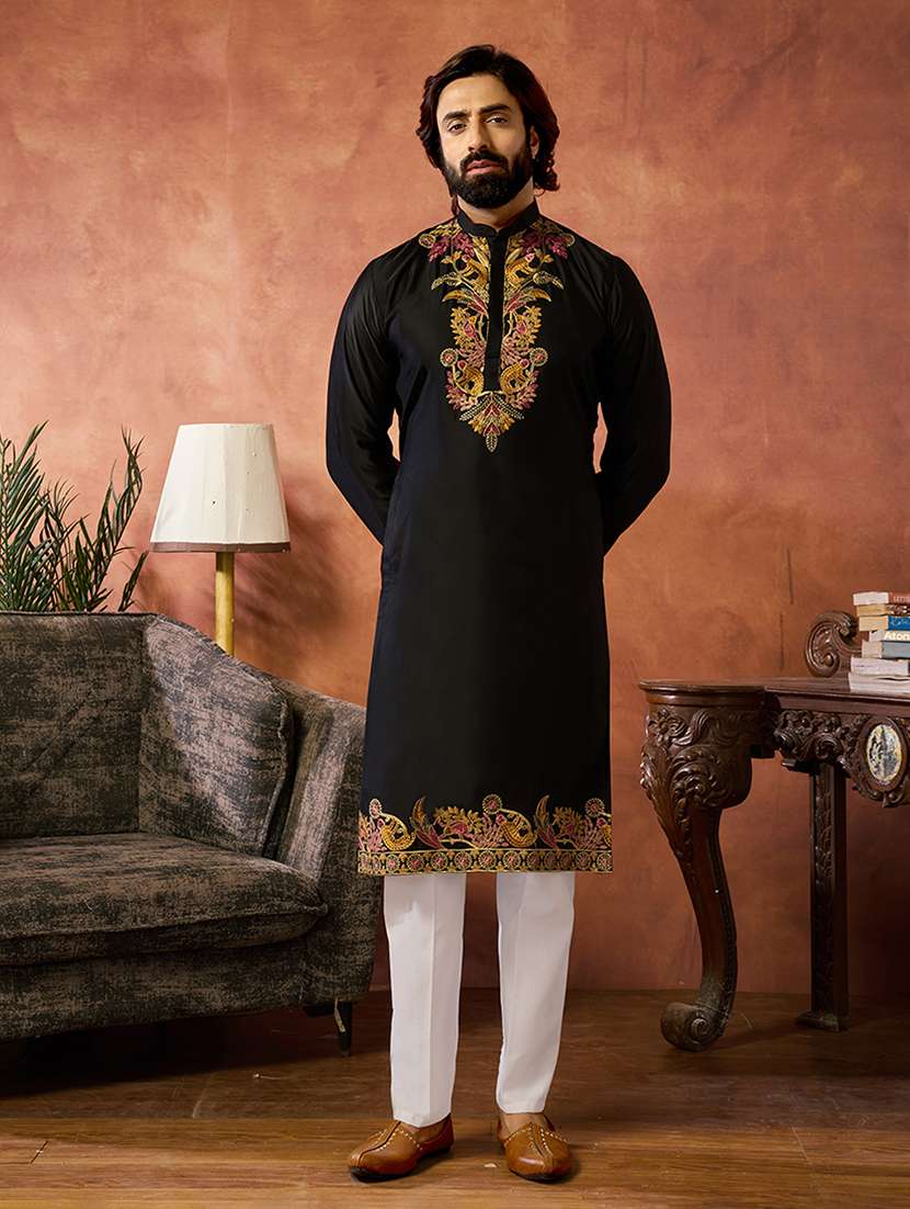 men solid with work mandarin neck kurta pyjama set