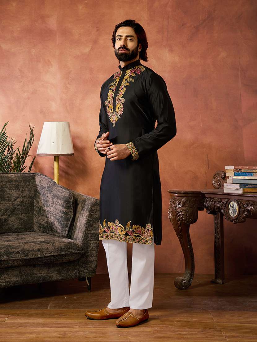 men solid with work mandarin neck kurta pyjama set - 22594458 -  Standard Image - 3