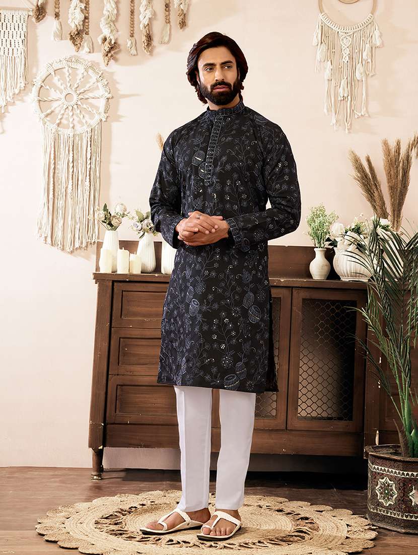 men embroidered mandarin neck kurta pyjama set
