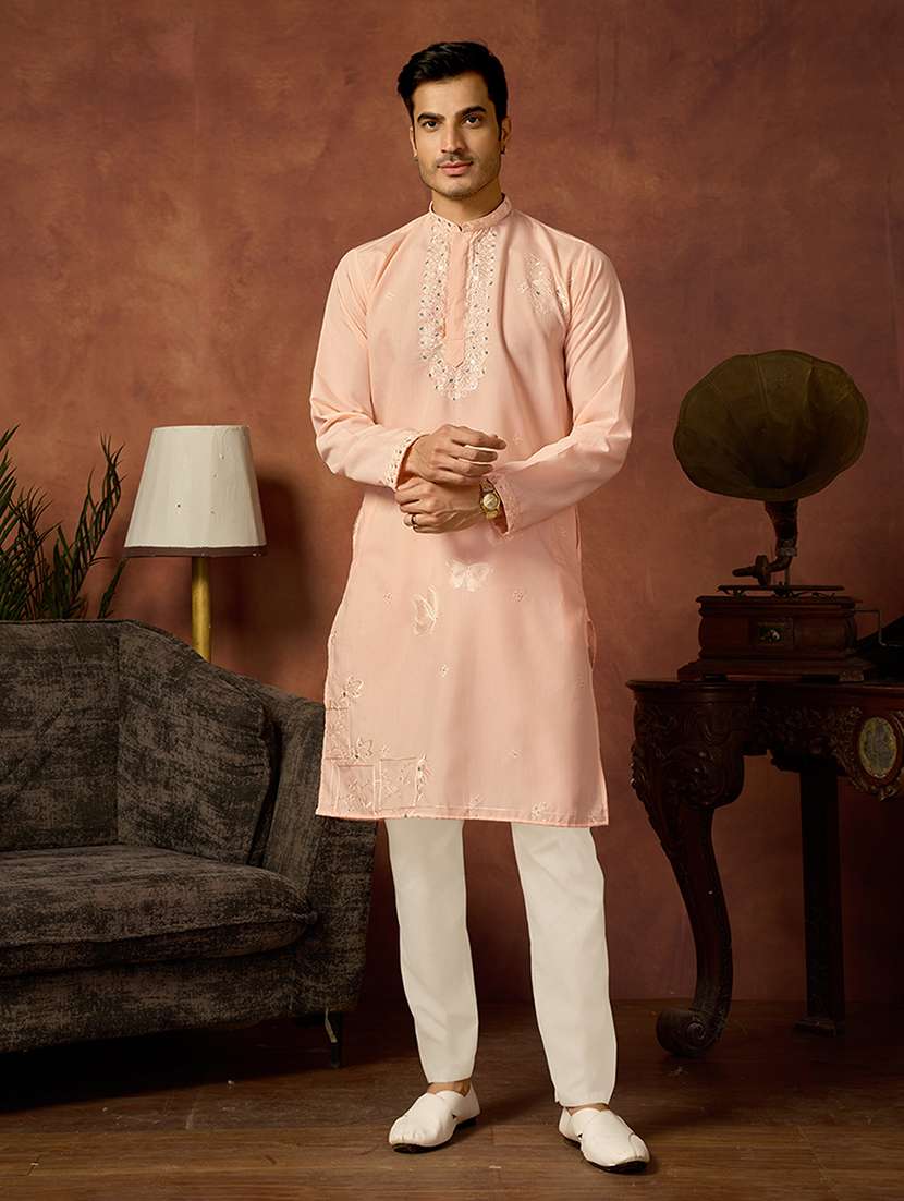 men solid with work mandarin neck kurta pyjama set