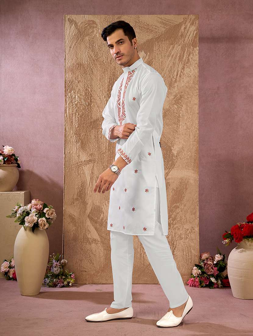 Men Solid With Work Mandarin Neck Kurta Pyjama Set - 22594479 -  Standard Image - 3