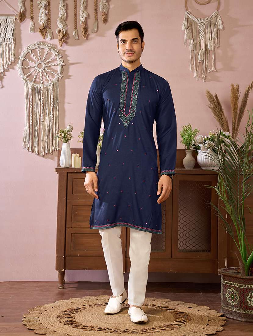 men solid with work mandarin neck kurta pyjama set