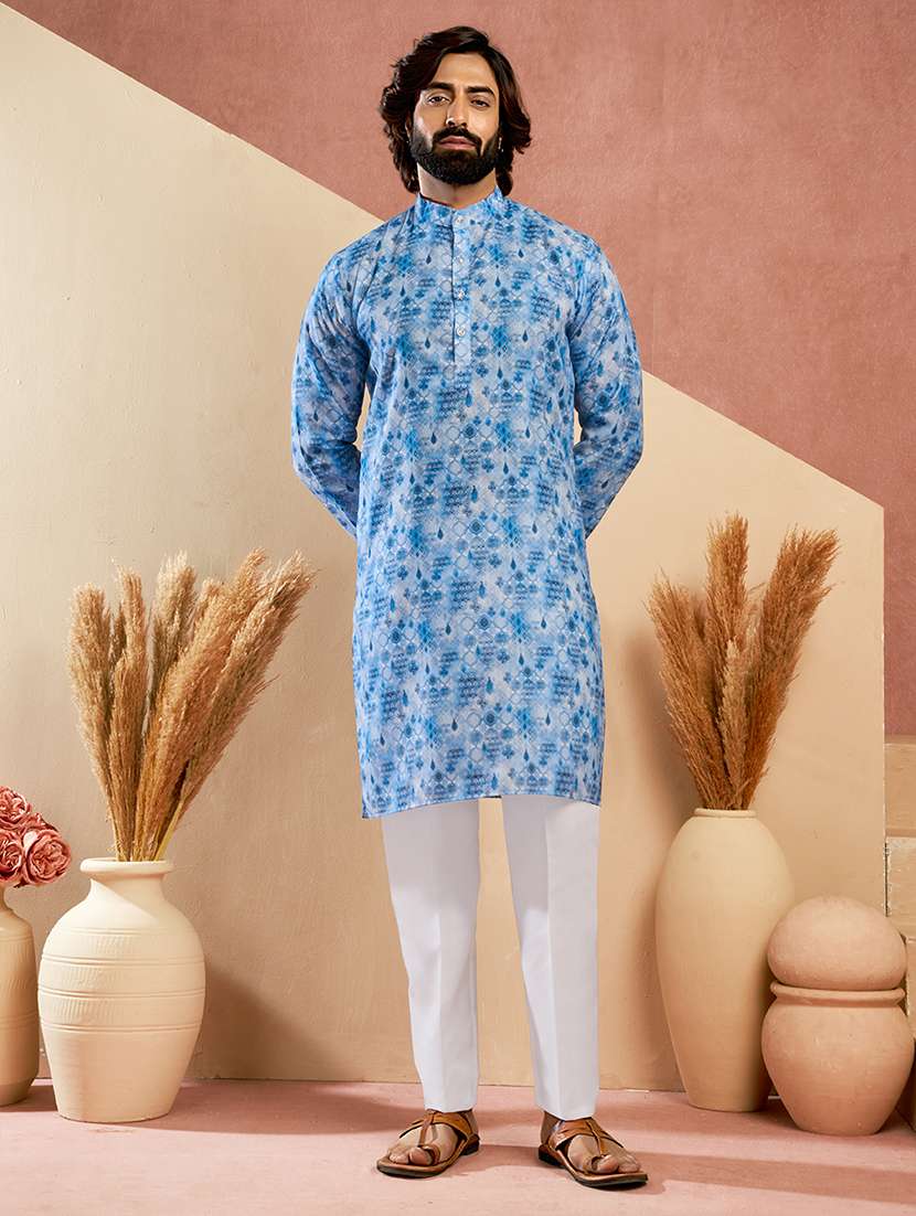 men printed mandarin neck kurta pyjama set