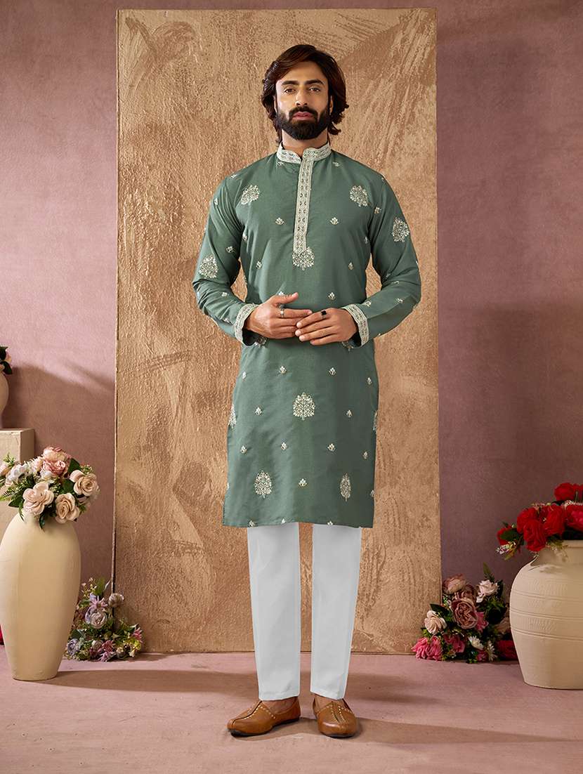 men solid with work mandarin neck kurta pyjama set