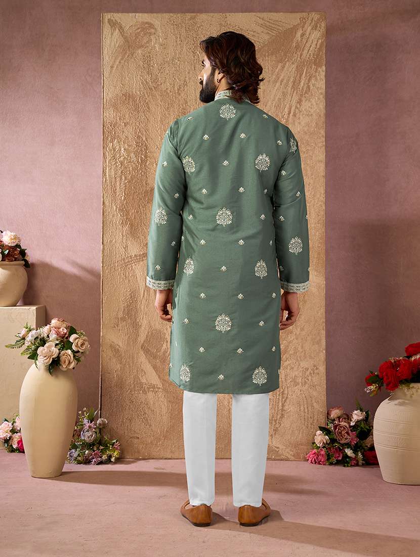 men solid with work mandarin neck kurta pyjama set - 22594487 -  Standard Image - 3