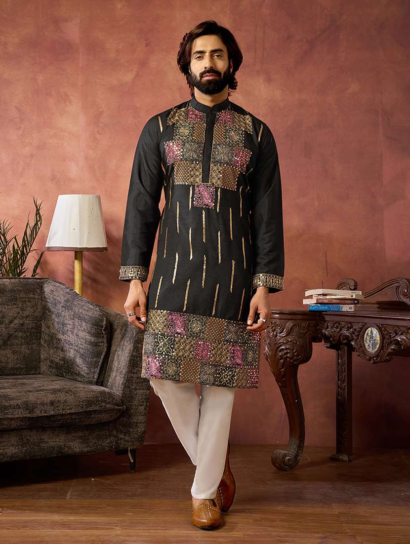 men solid with work mandarin neck kurta pyjama set