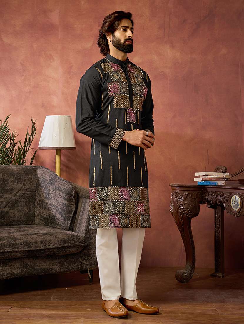 men solid with work mandarin neck kurta pyjama set - 22594488 -  Standard Image - 3