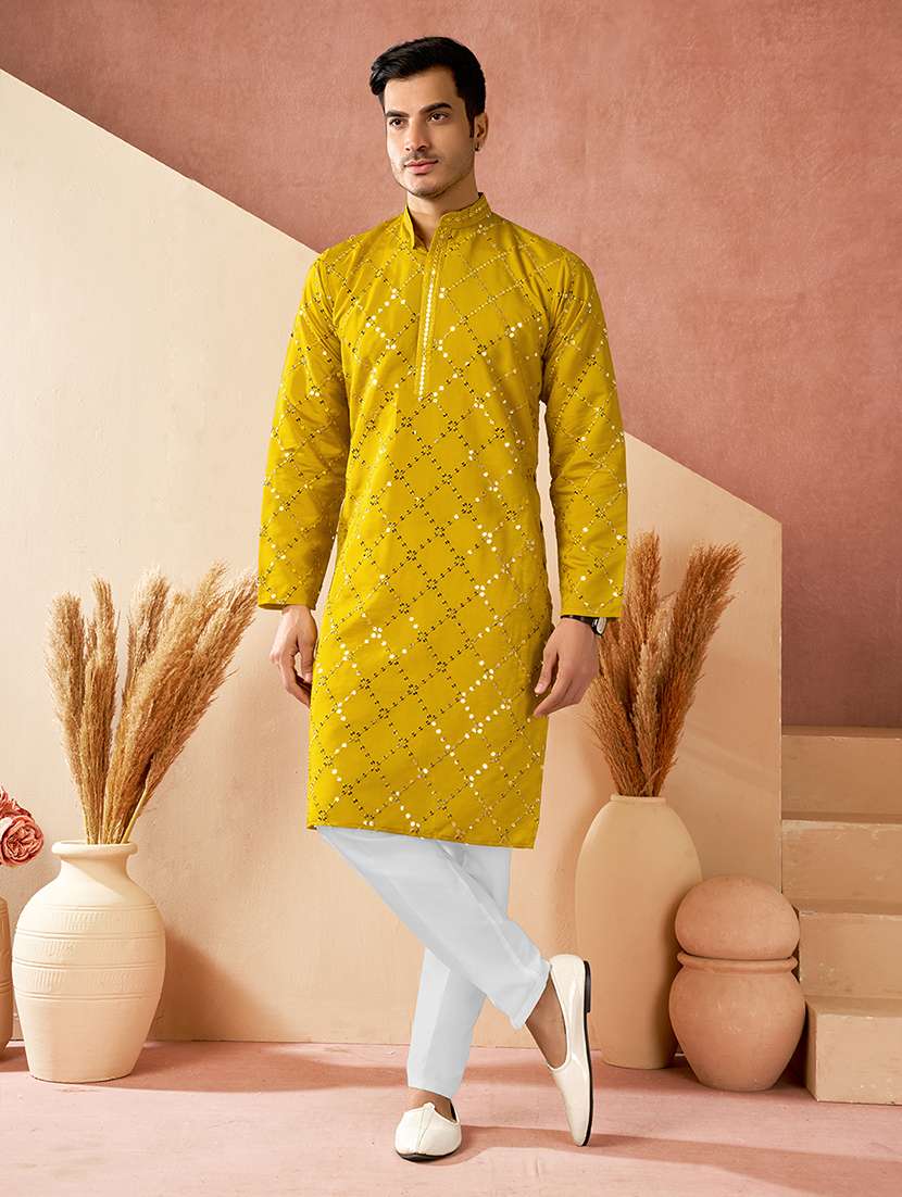 men solid with work mandarin neck kurta pyjama set