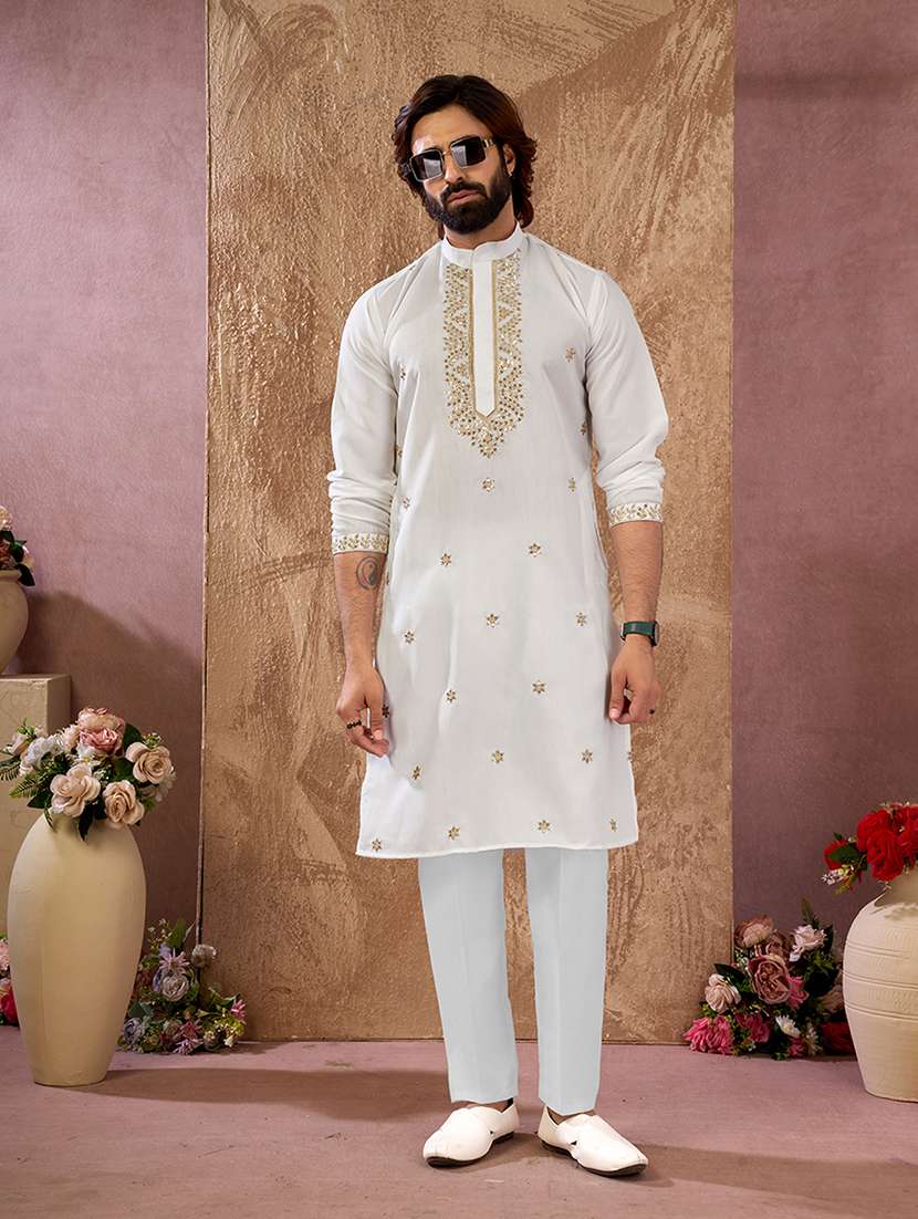 men embroidered mandarin neck kurta pyjama set