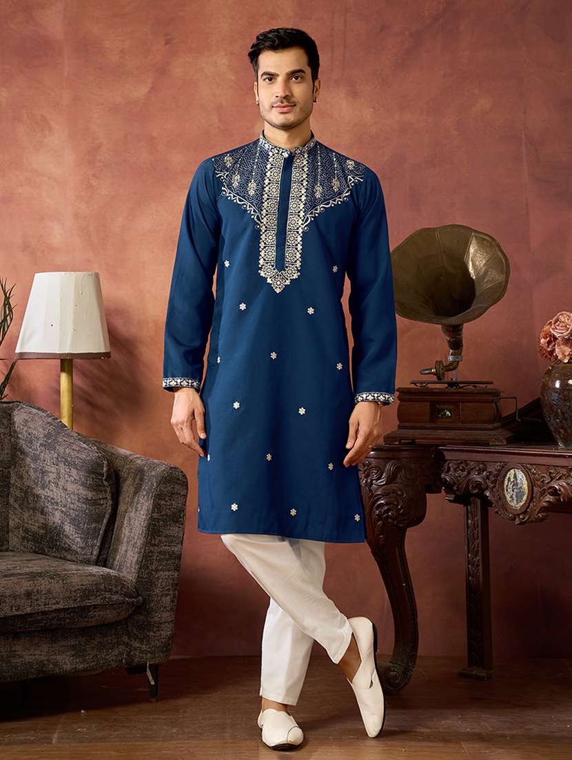men solid with work mandarin neck kurta pyjama set