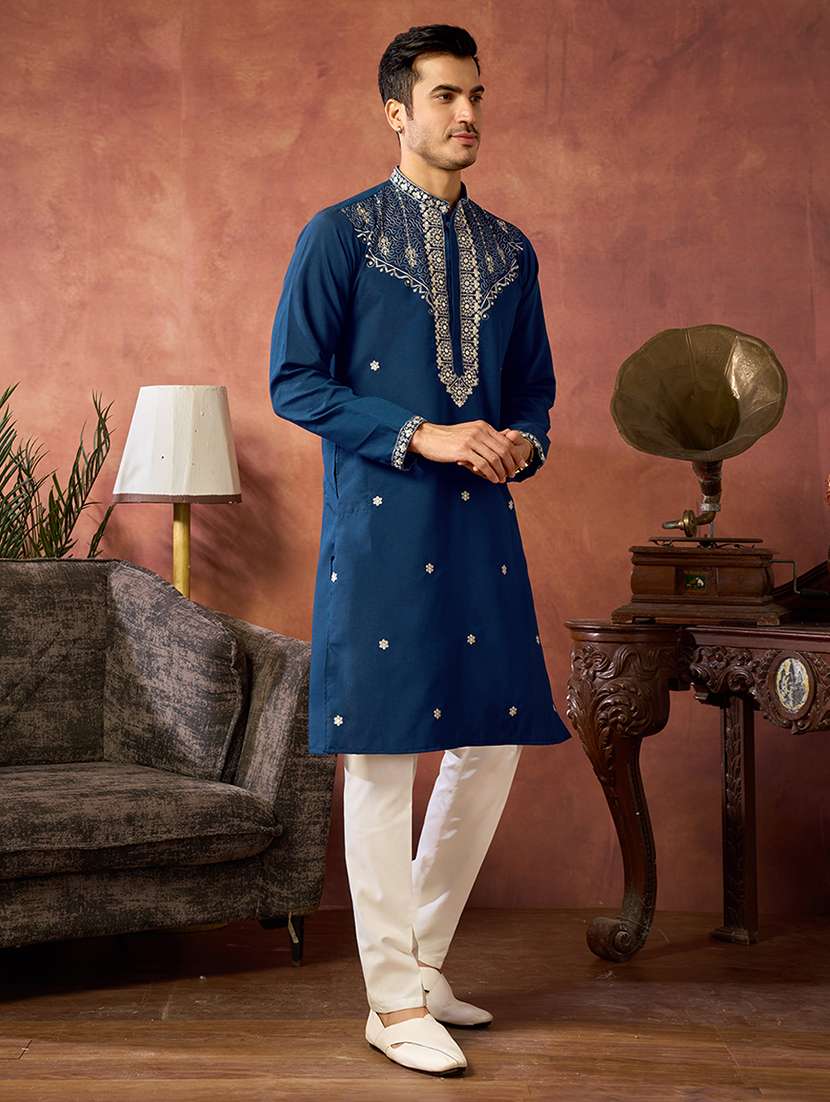 men solid with work mandarin neck kurta pyjama set - 22594537 -  Standard Image - 3