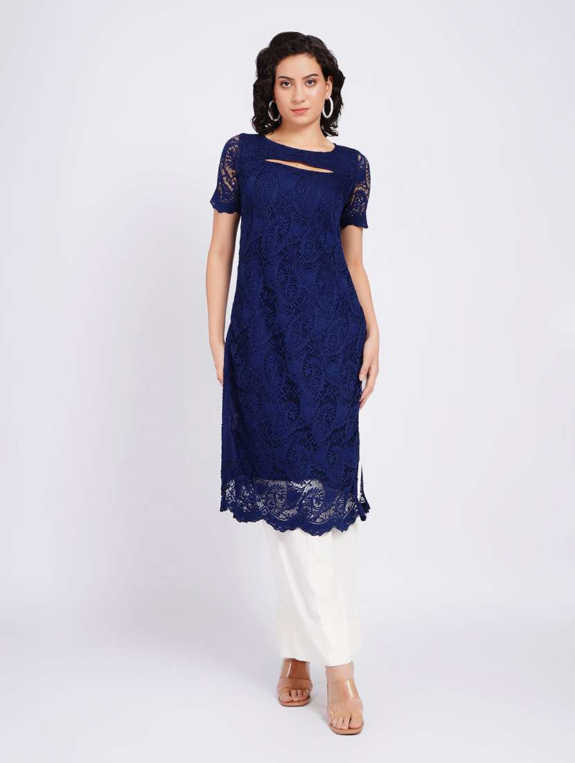 women self design short sleeves straight kurta