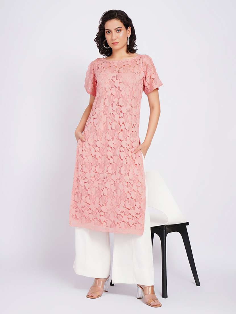 women self design short sleeves straight kurta