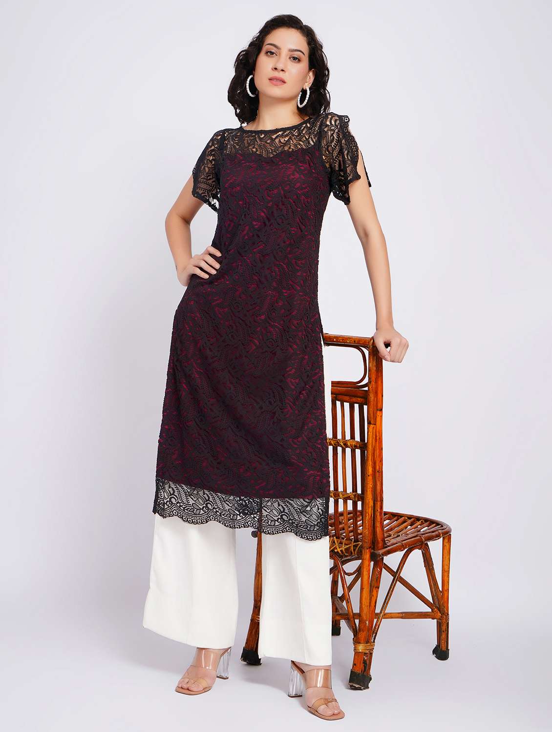 women self design short sleeves straight kurta