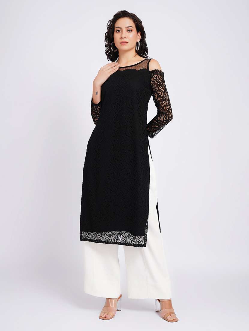 women self design cold shoulder straight kurta