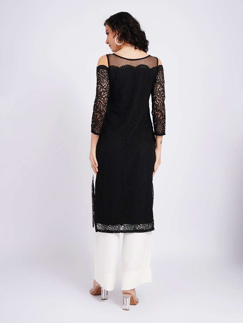 women self design cold shoulder straight kurta - 22594614 -  Standard Image - 3