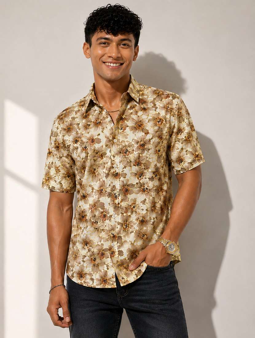 men printed short sleeve regular fit casual shirt
