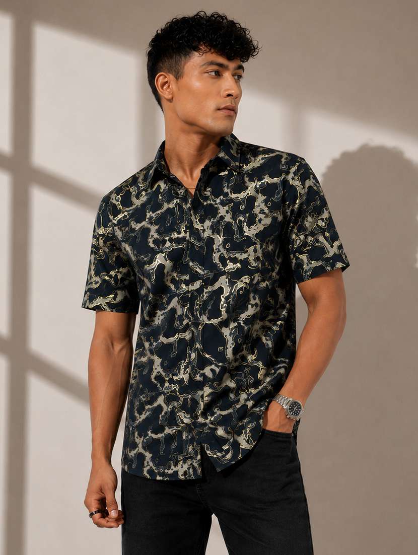 men printed short sleeve regular fit casual shirt