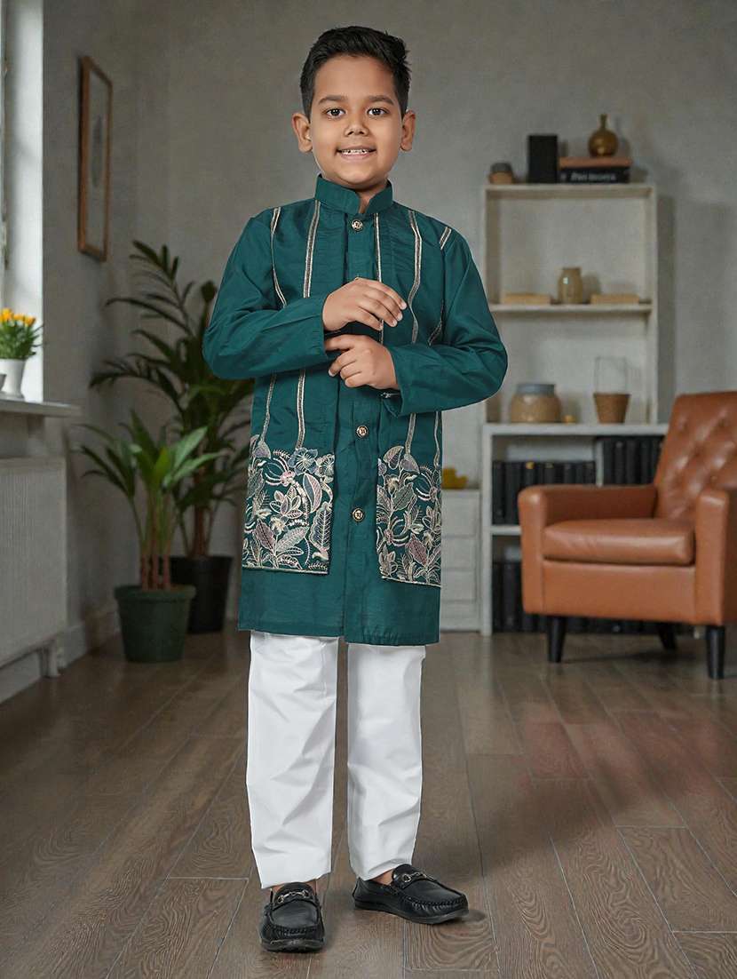 boys solid with work mandarin neck kurta set