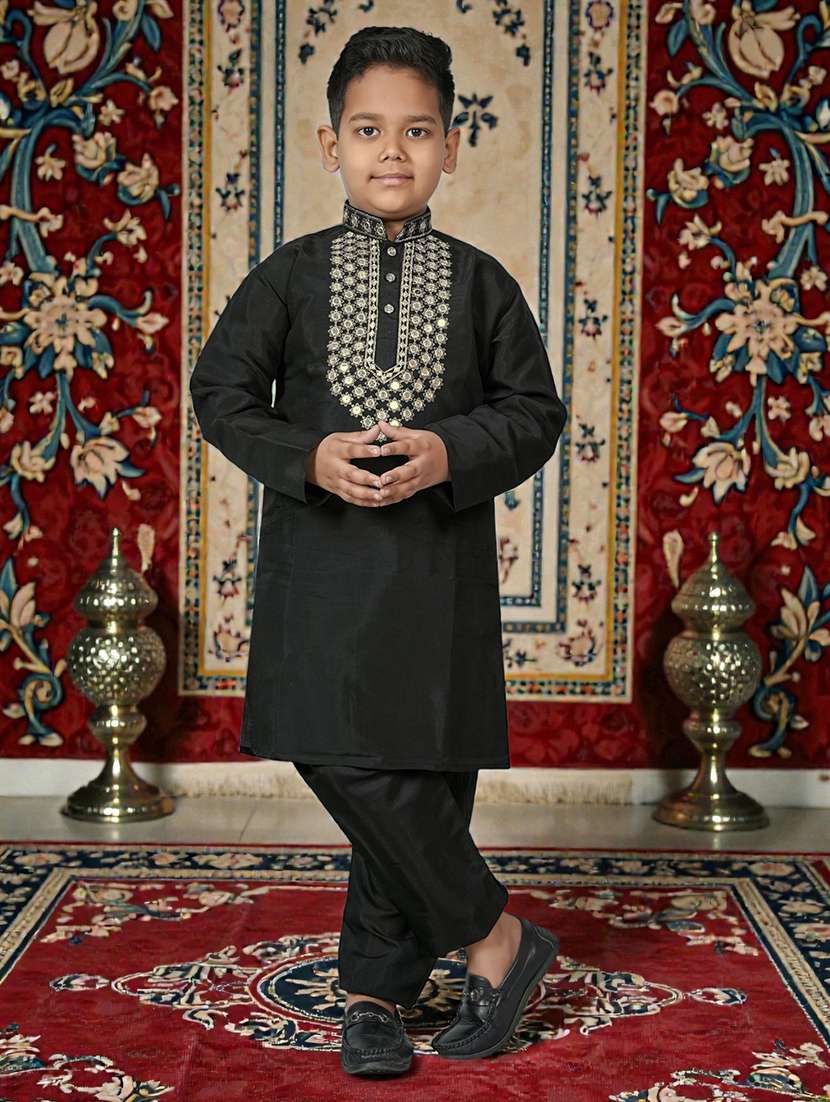 boys solid with work mandarin neck kurta set