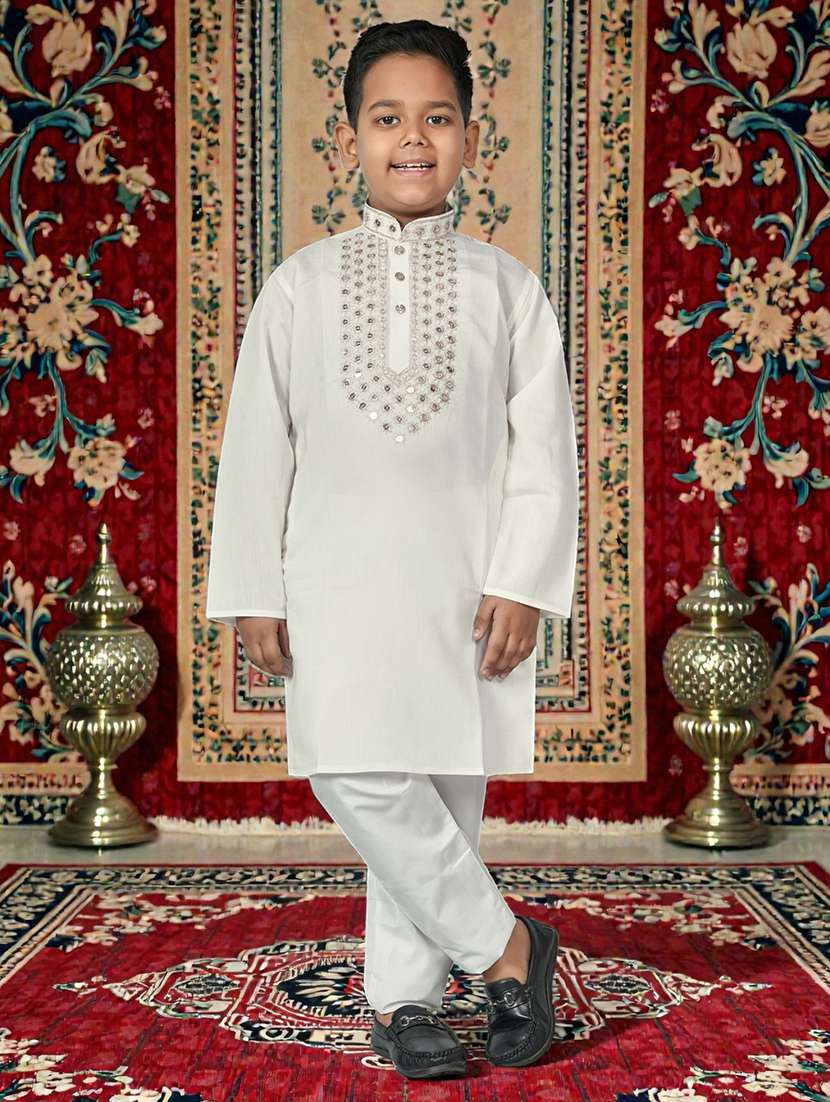 boys solid with work mandarin neck kurta set