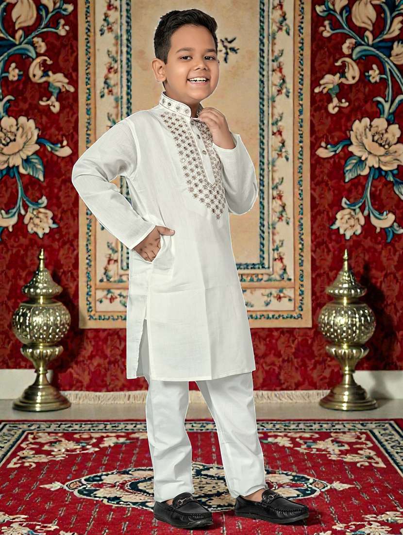 Boys Solid With Work Mandarin Neck Kurta Set - 22594998 -  Standard Image - 3
