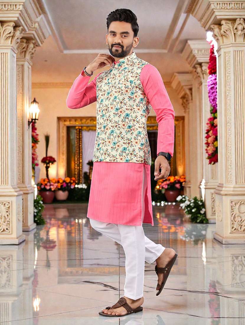 Men Printed Mandarin Neck Kurta Pyjama Set With Jacket - 22595004 -  Standard Image - 3