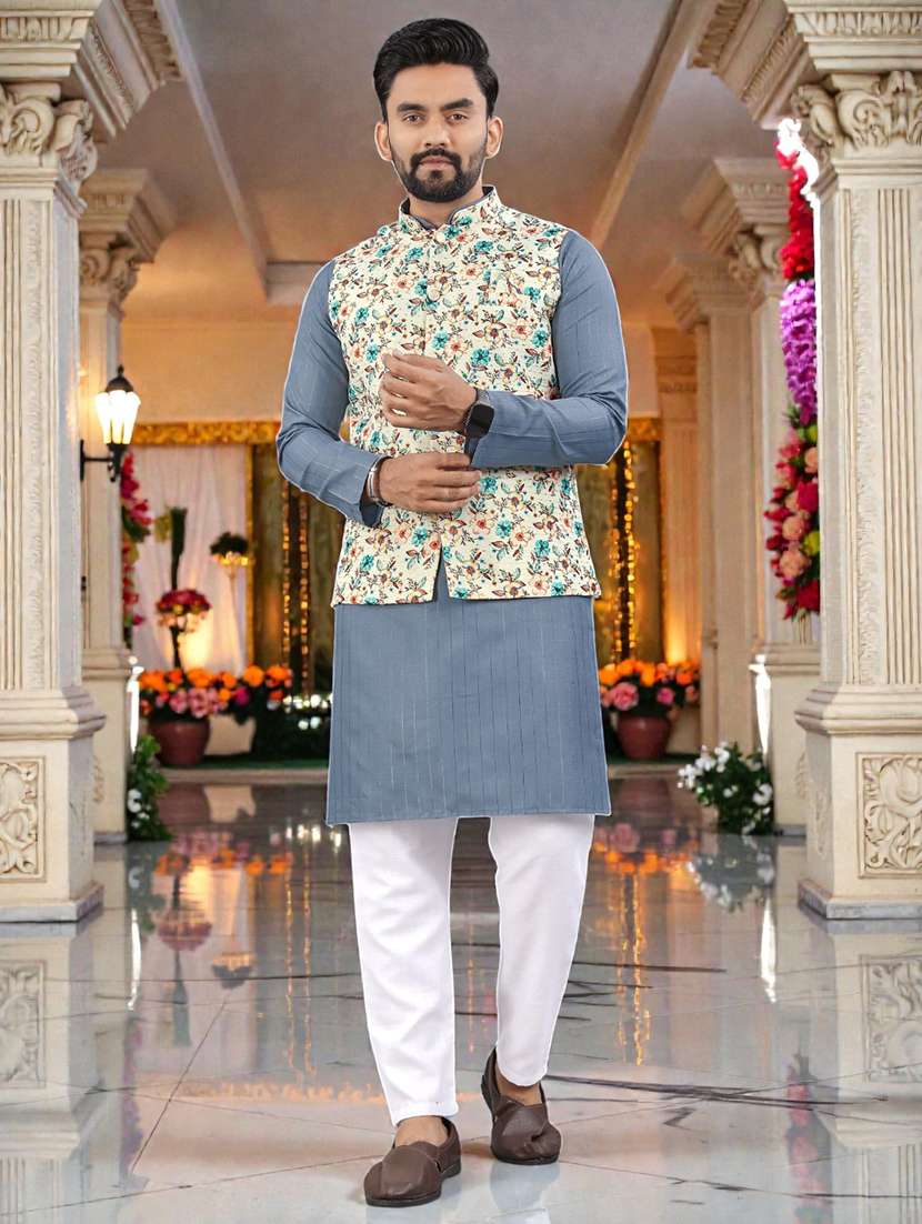 men printed mandarin neck kurta pyjama set with jacket
