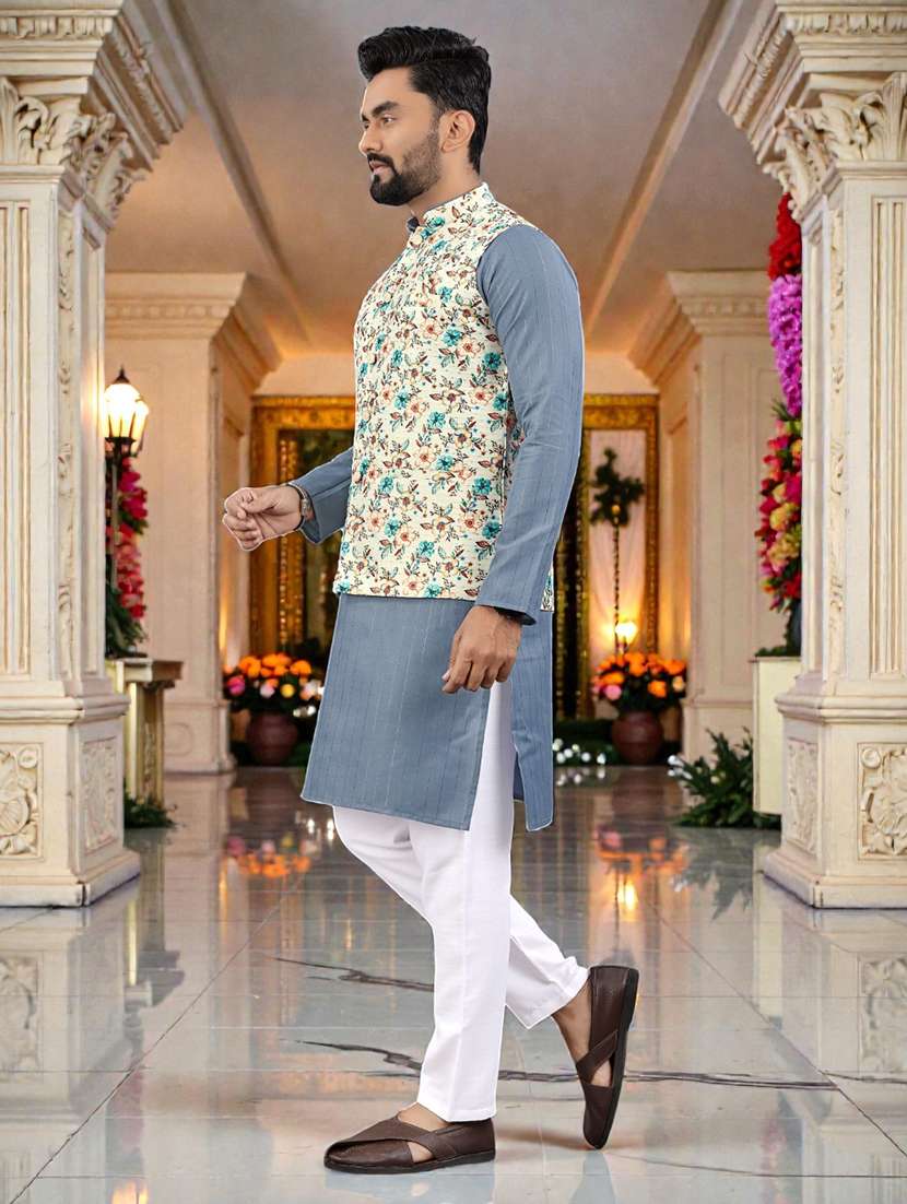 Men Printed Mandarin Neck Kurta Pyjama Set With Jacket - 22595007 -  Standard Image - 3