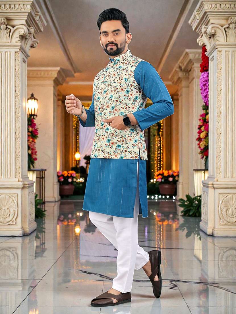 men printed mandarin neck kurta pyjama with jacket set - 22595059 -  Standard Image - 3