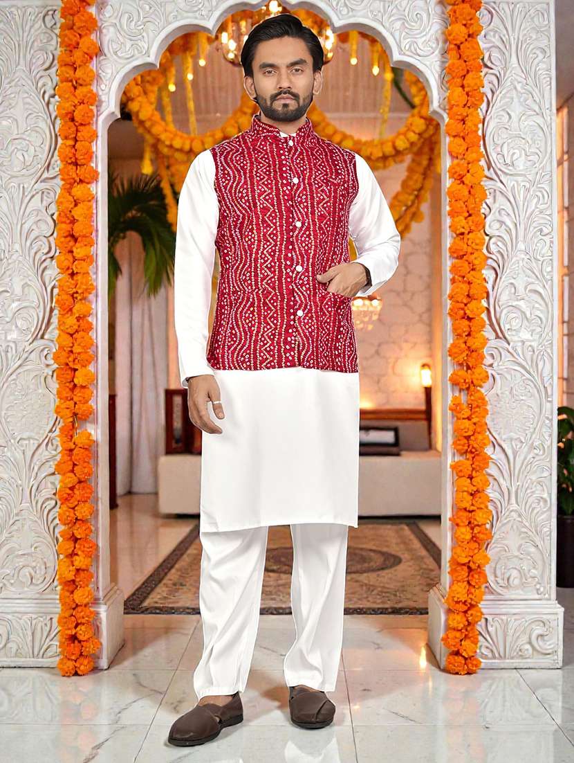 men bandhani printed mandarin neck nehru jacket