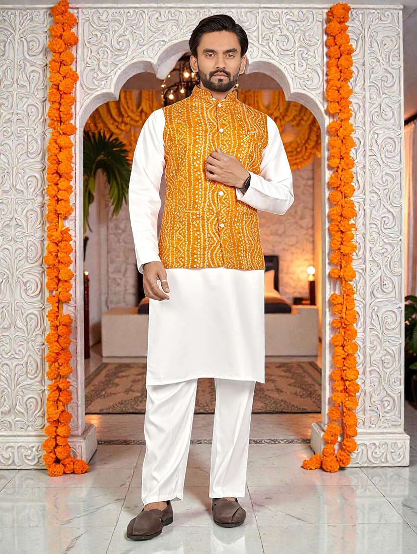 men bandhani printed mandarin neck nehru jacket
