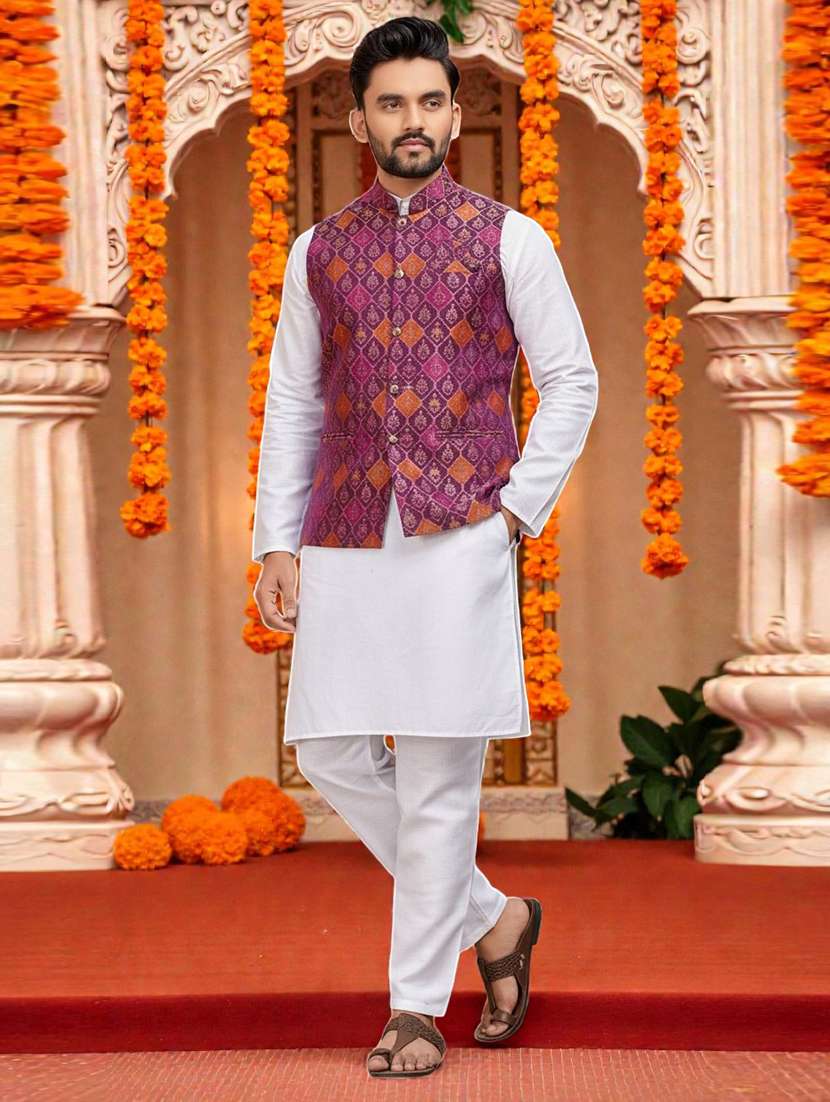men self design mandarin neck nehru jacket - 22595099 -  Standard Image - 3