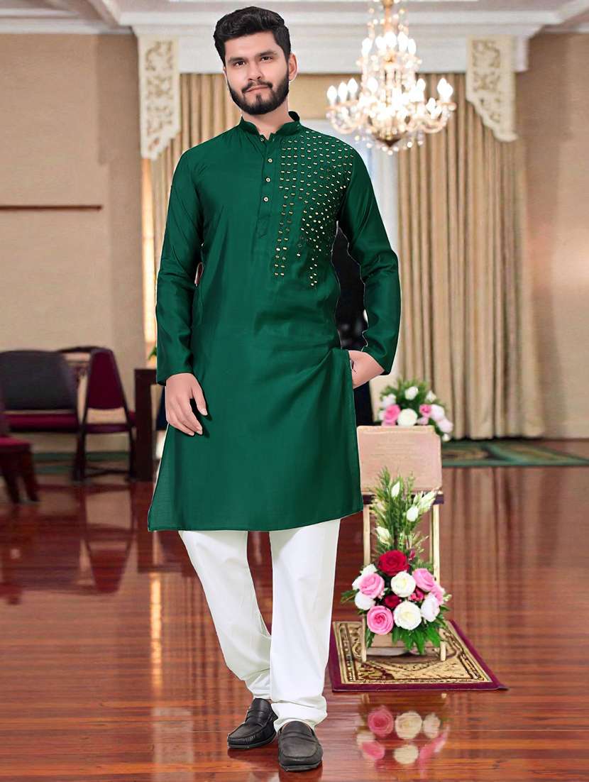 men solid with work mandarin neck long kurta