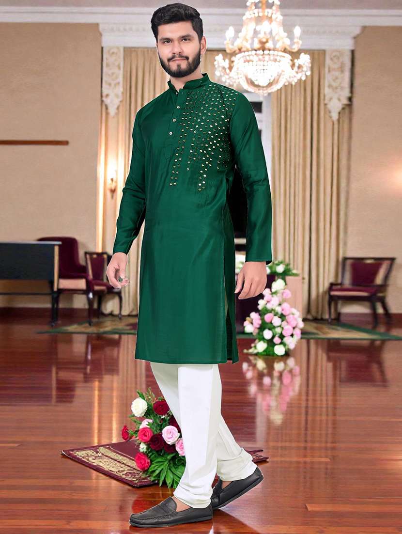 Men Solid With Work Mandarin Neck Long Kurta - 22595114 -  Standard Image - 3