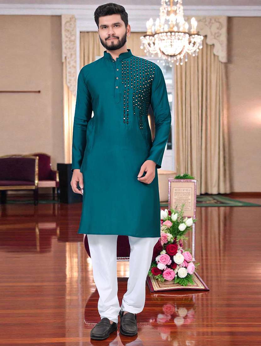 men solid with work mandarin neck long kurta