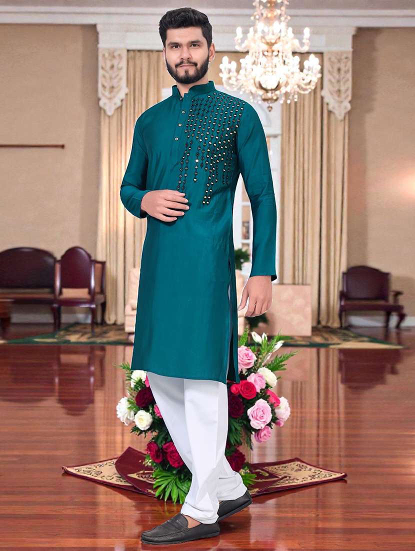 men solid with work mandarin neck long kurta - 22595115 -  Standard Image - 3