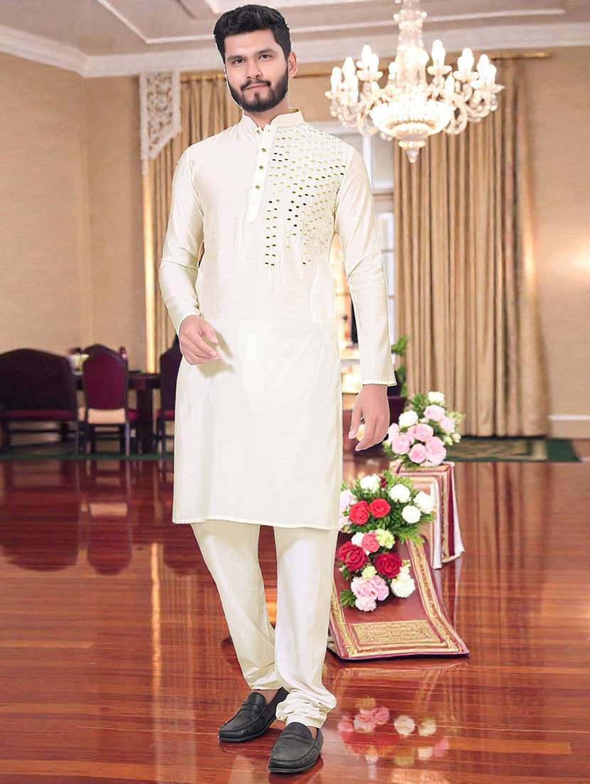 men solid with work mandarin neck long kurta