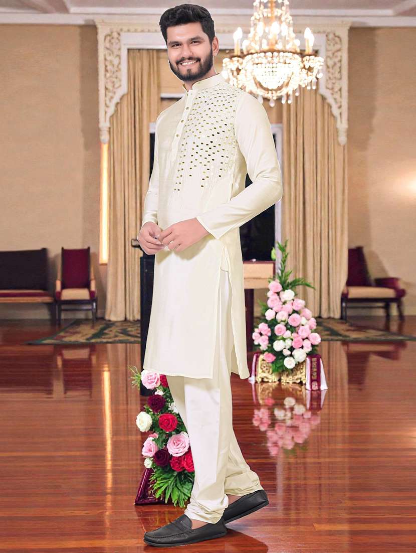 men solid with work mandarin neck long kurta - 22595117 -  Standard Image - 3