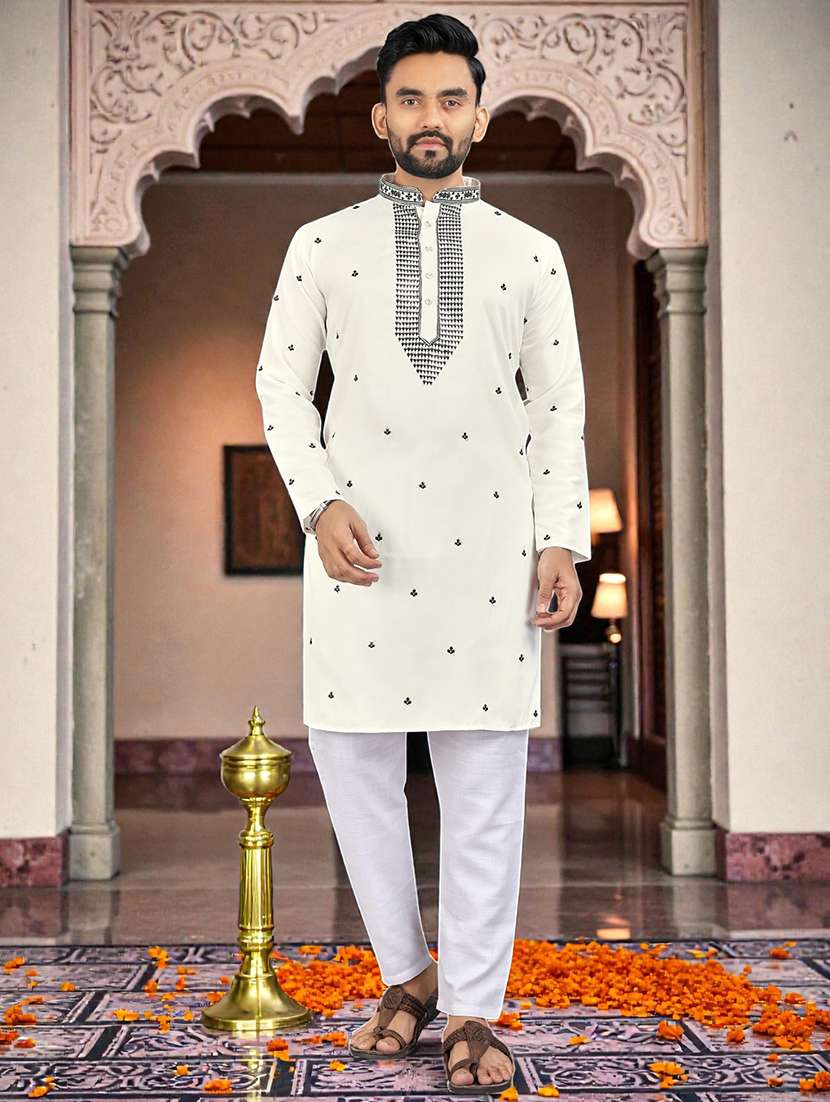 men solid with work mandarin neck long kurta