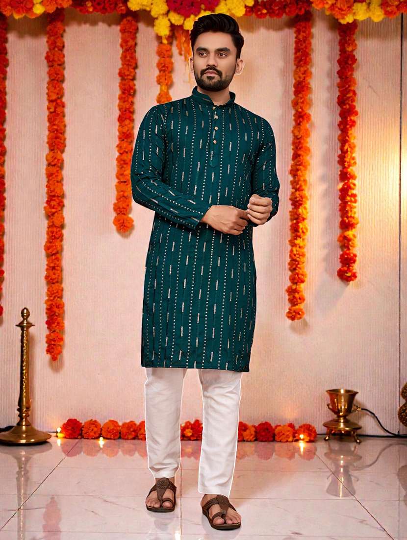 men solid with work mandarin neck long kurta
