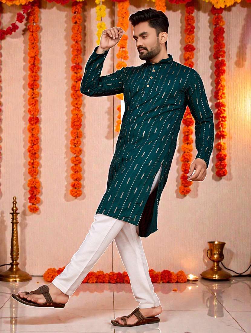men solid with work mandarin neck long kurta - 22595125 -  Standard Image - 3