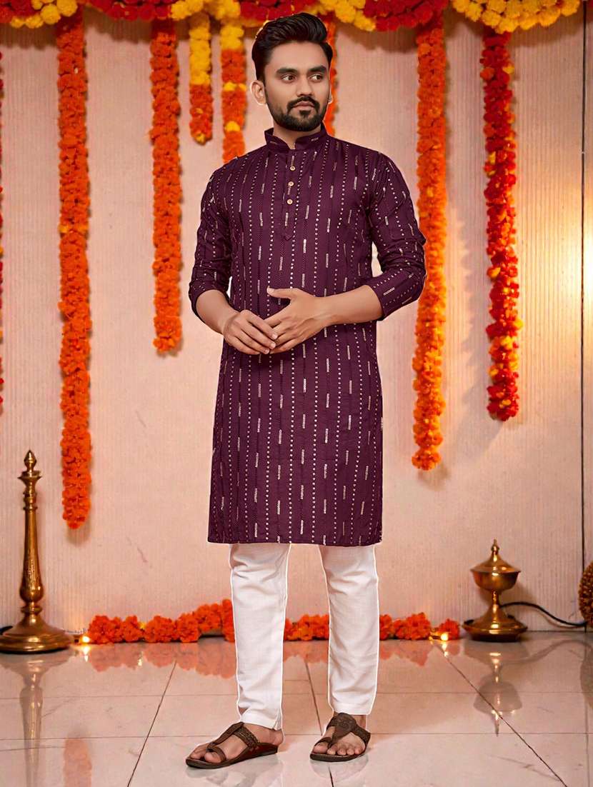 men solid with work mandarin neck long kurta