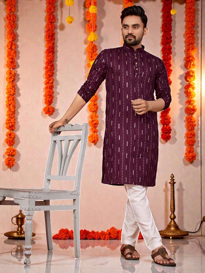 men solid with work mandarin neck long kurta - 22595128 -  Standard Image - 3