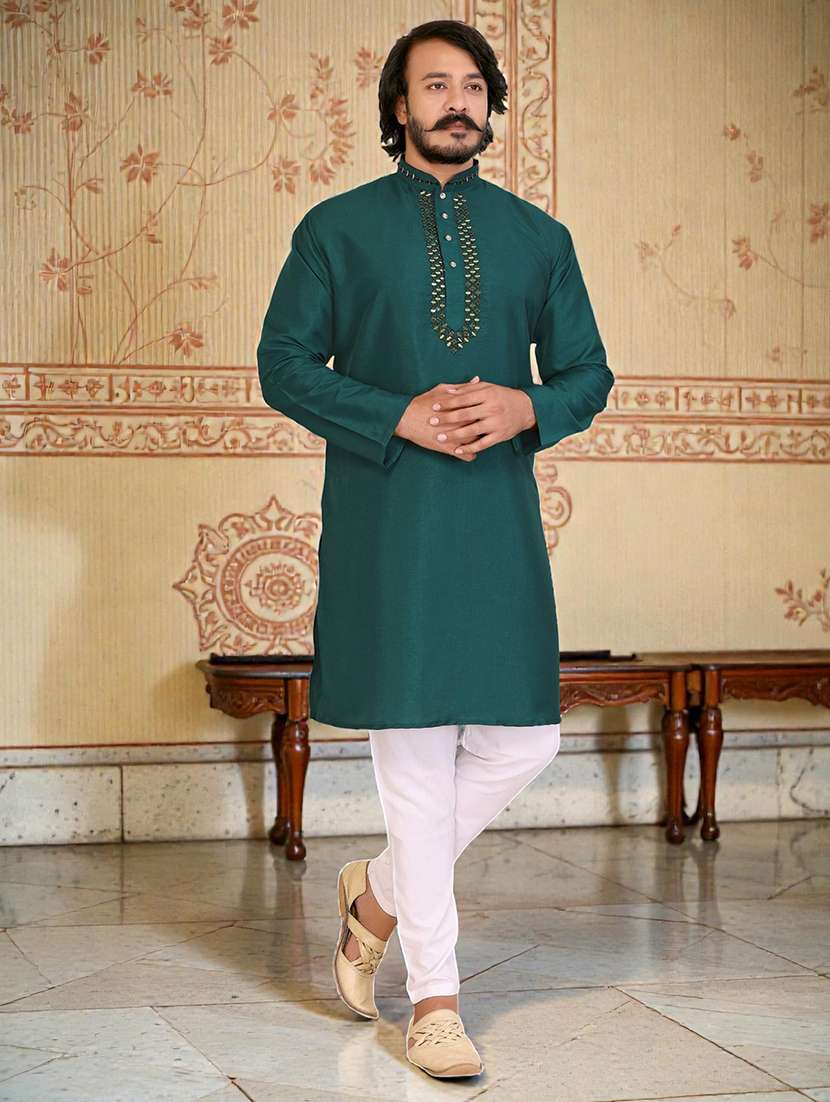 men solid with work mandarin neck long kurta