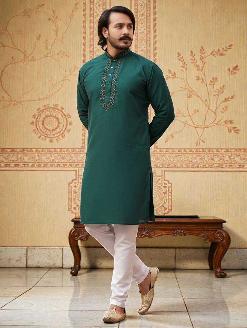 Men Solid With Work Mandarin Neck Long Kurta - 22595130 -  Standard Image - 3