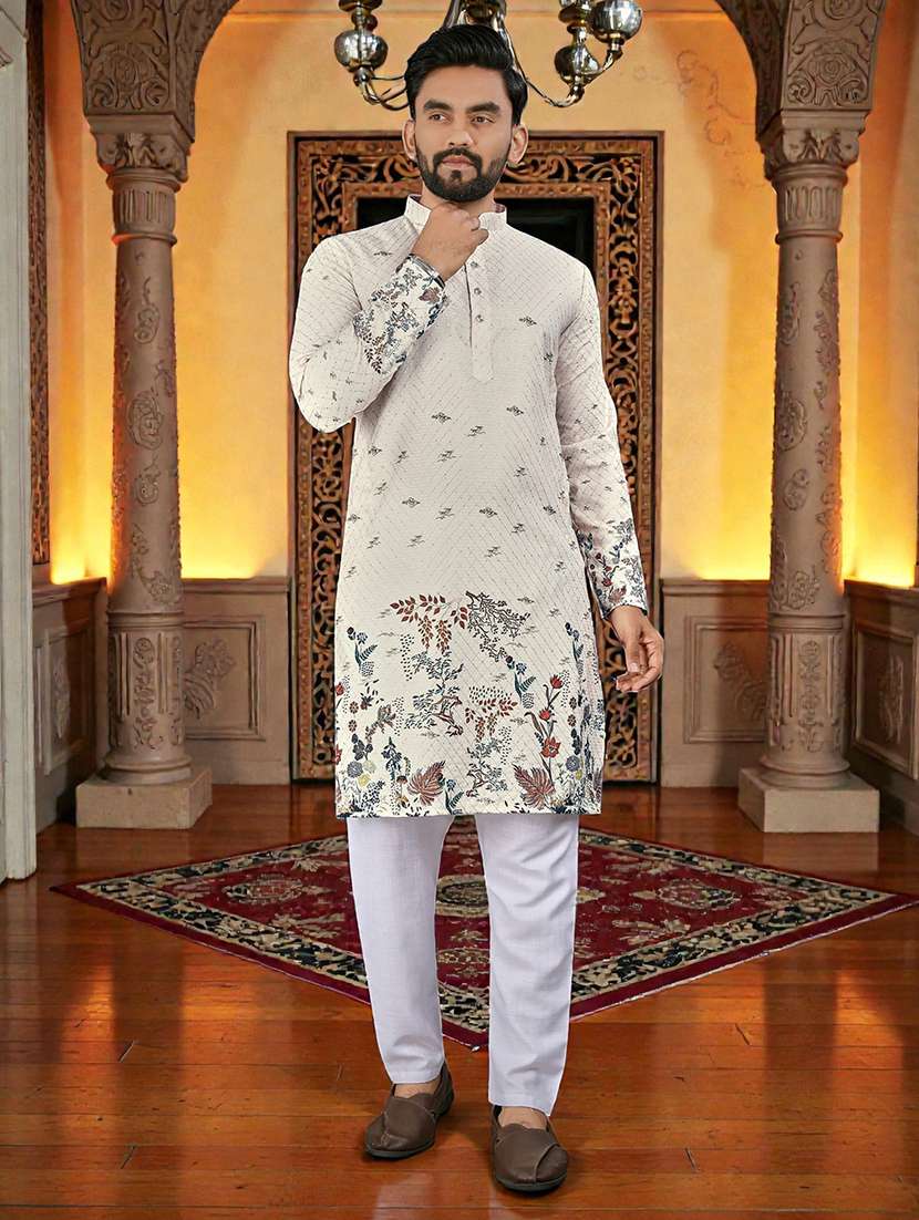 men printed mandarin neck long kurta